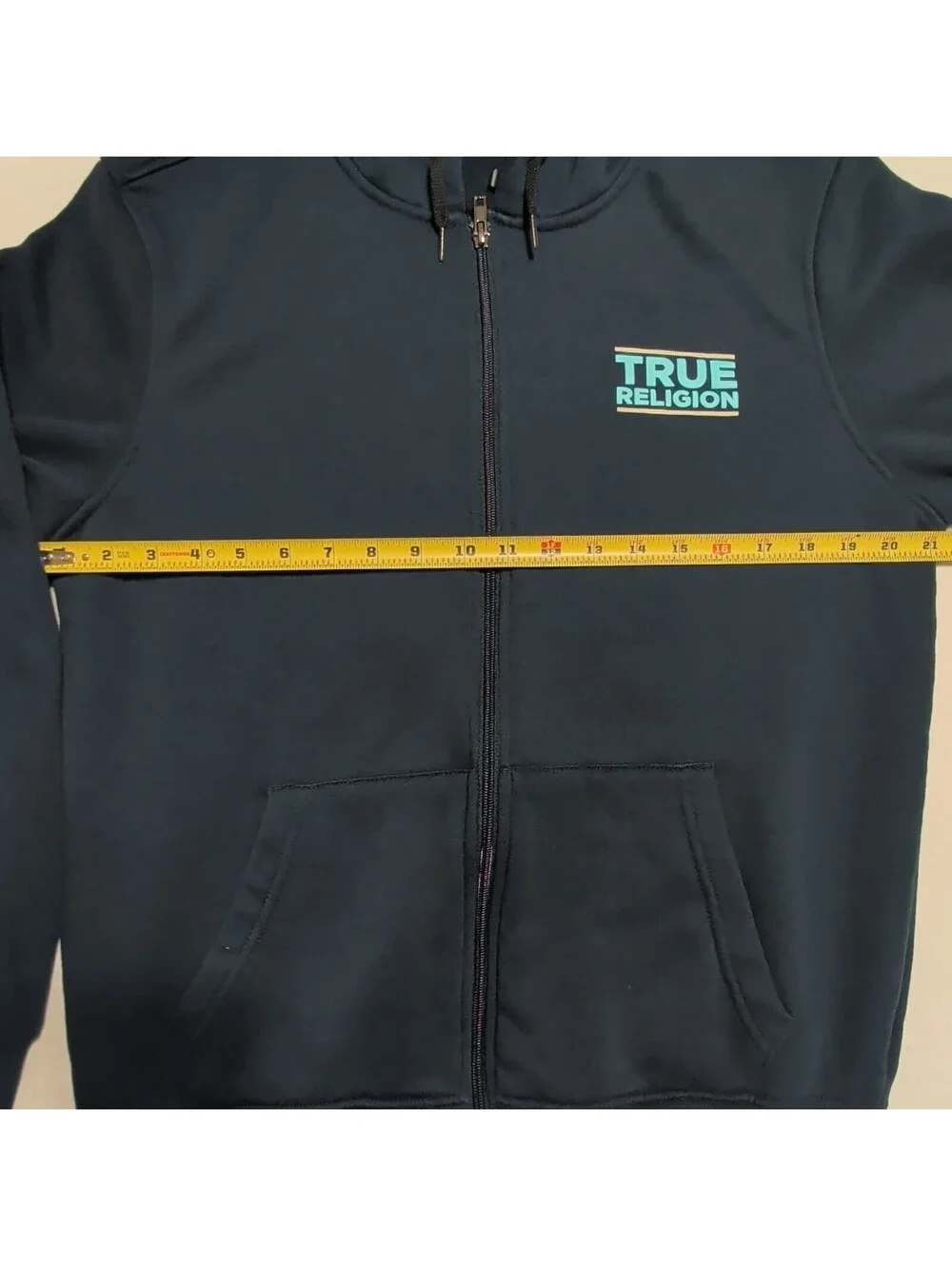 True Religion Men's Full Zip Hoodie Navy Blue Buddha Guitar Graphic Size S